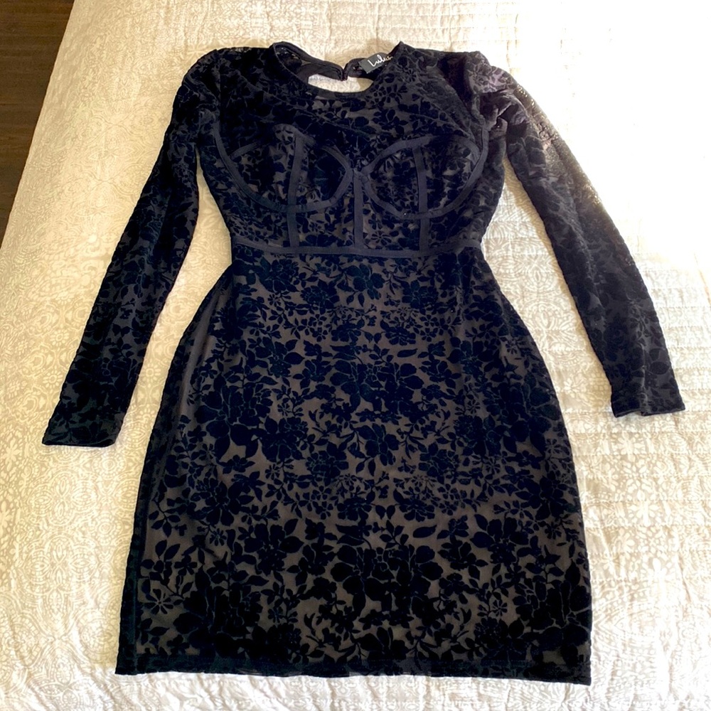 Lulus black velvet corset floral mini dress with keyhole back